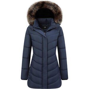 Women's Waterproof Thickened Long Down Puffer Jacket Coat Dark Blue Winter Warm